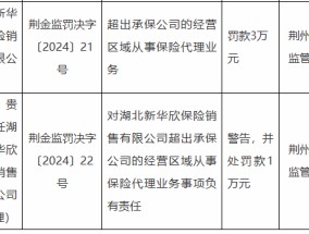 湖北新华欣保险销售有限公司被罚3万元：因超出承保公司的经营区域从事保险代理业务