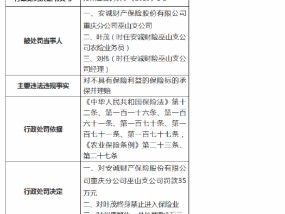 安诚财险重庆分公司巫山支公司被罚35万元 相关员工被禁业终身