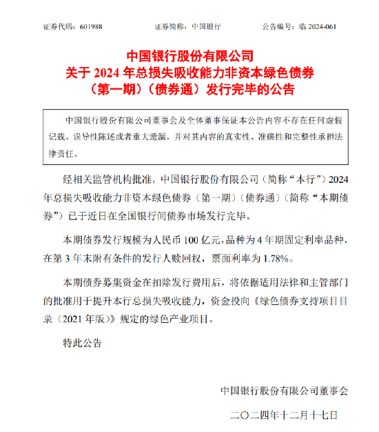 中国银行：2024年总损失吸收能力非资本绿色债券(第一期)(债券通)发行完毕